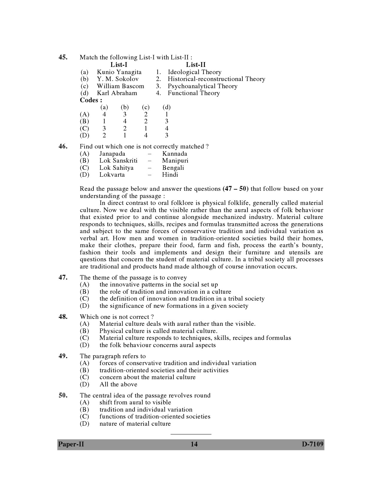 UGC NET Folk Literature Question Paper II December 2009 14