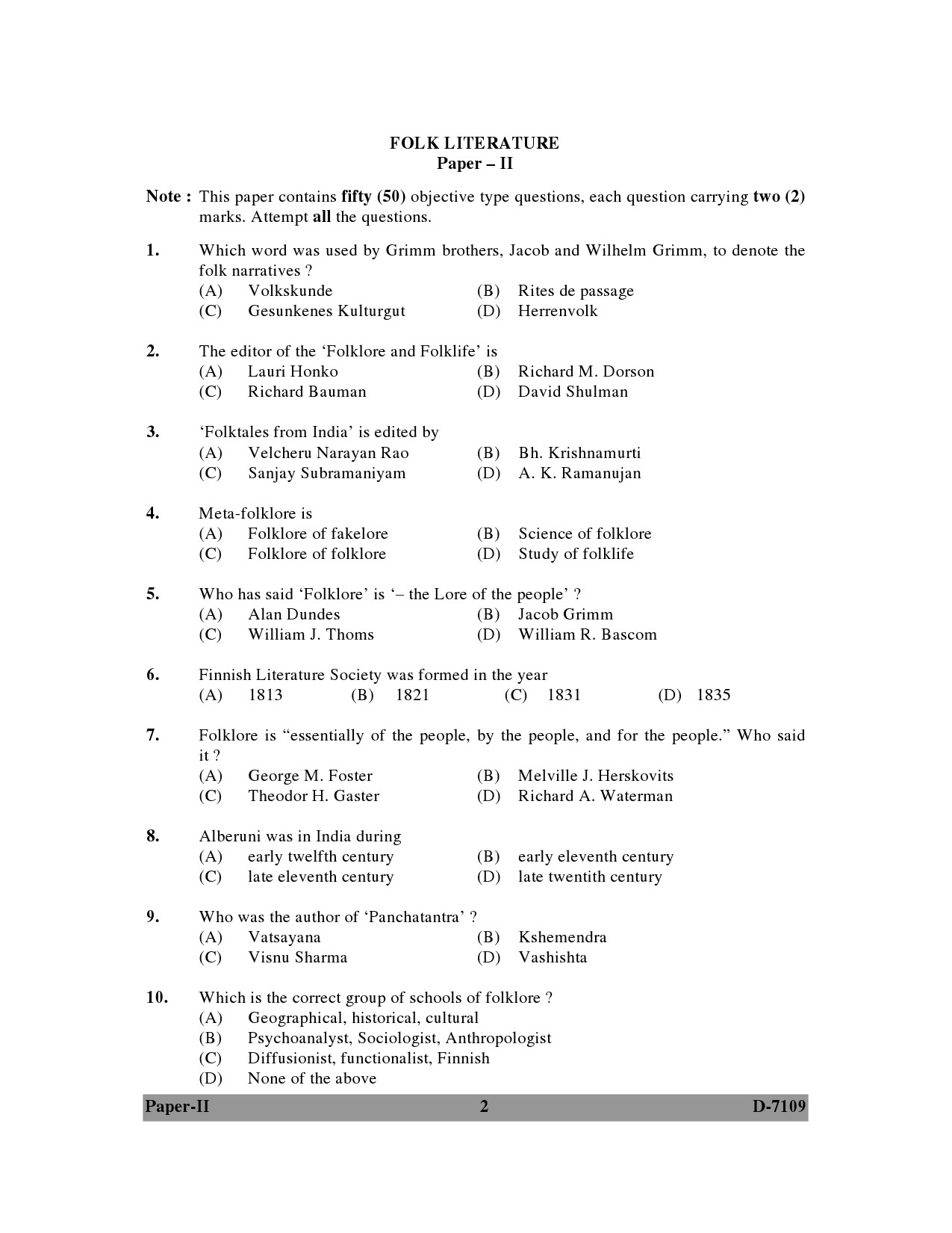 UGC NET Folk Literature Question Paper II December 2009 2