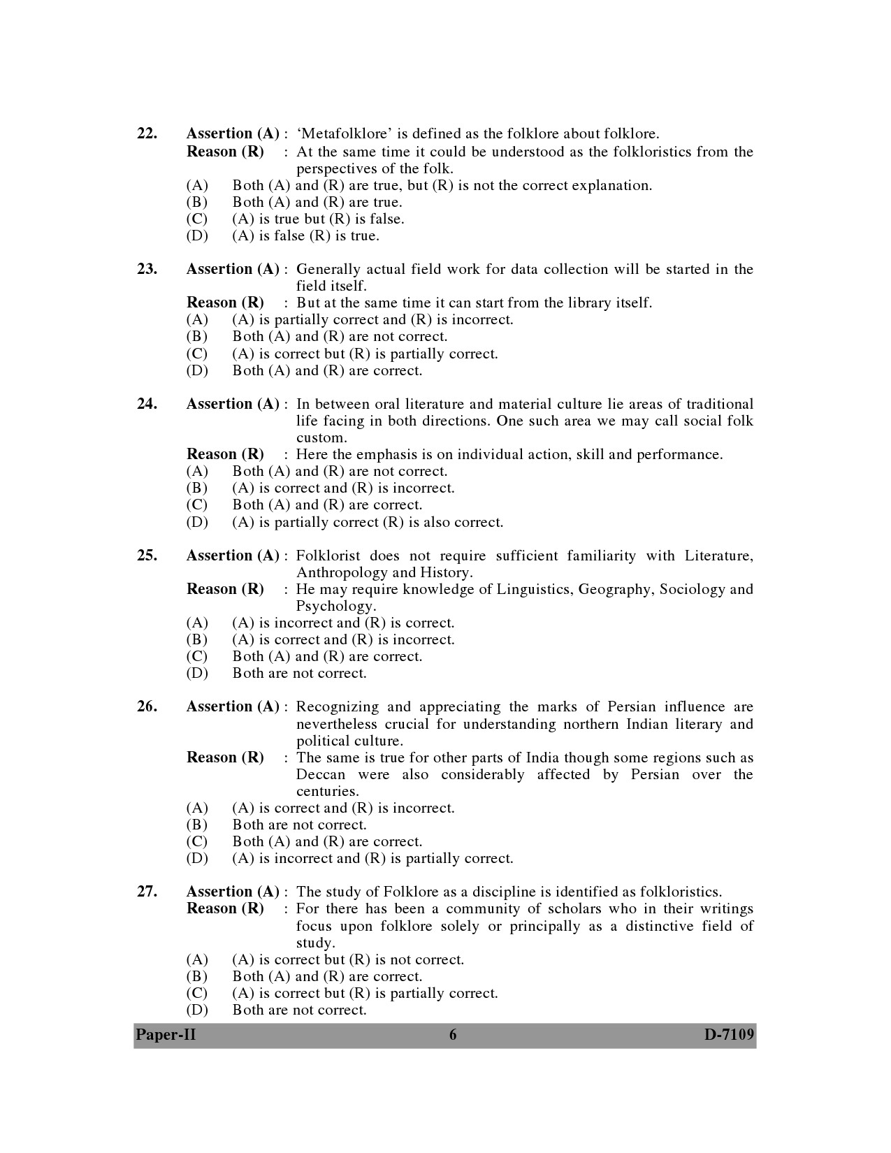 UGC NET Folk Literature Question Paper II December 2009 6