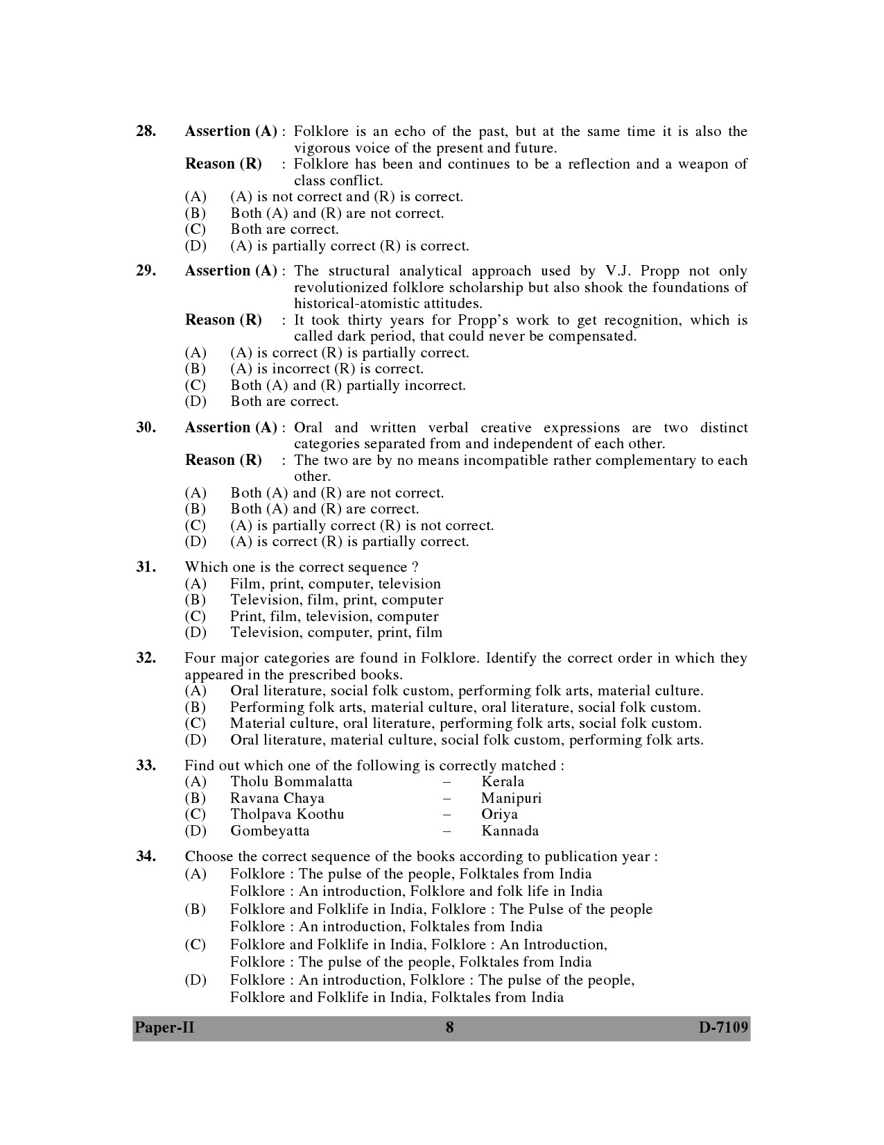 UGC NET Folk Literature Question Paper II December 2009 8