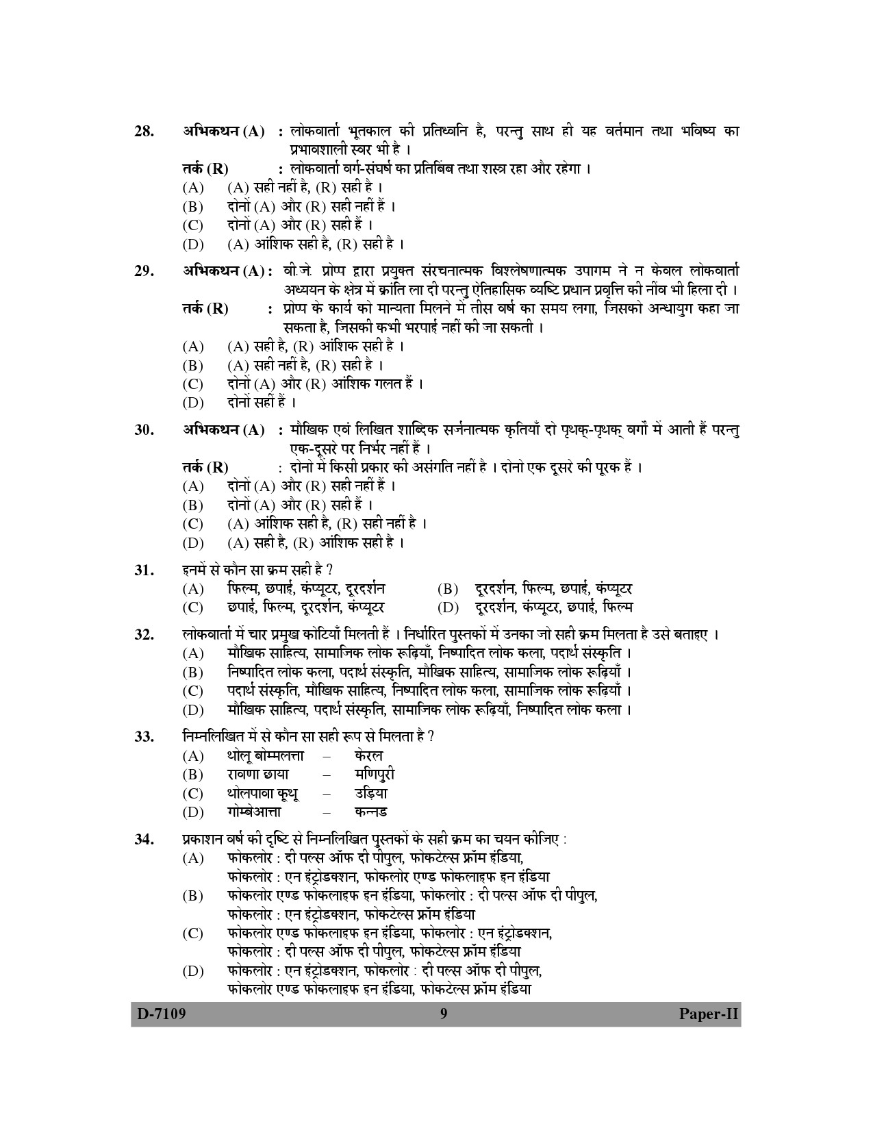 UGC NET Folk Literature Question Paper II December 2009 9