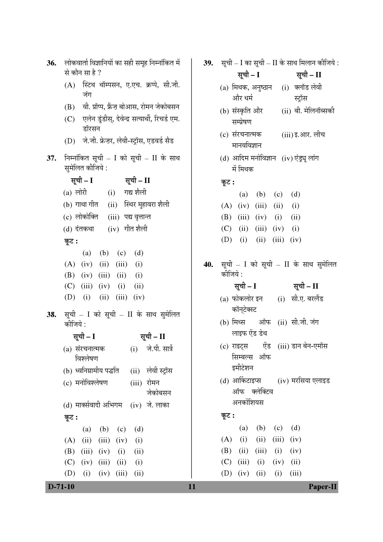 UGC NET Folk Literature Question Paper II December 2010 11