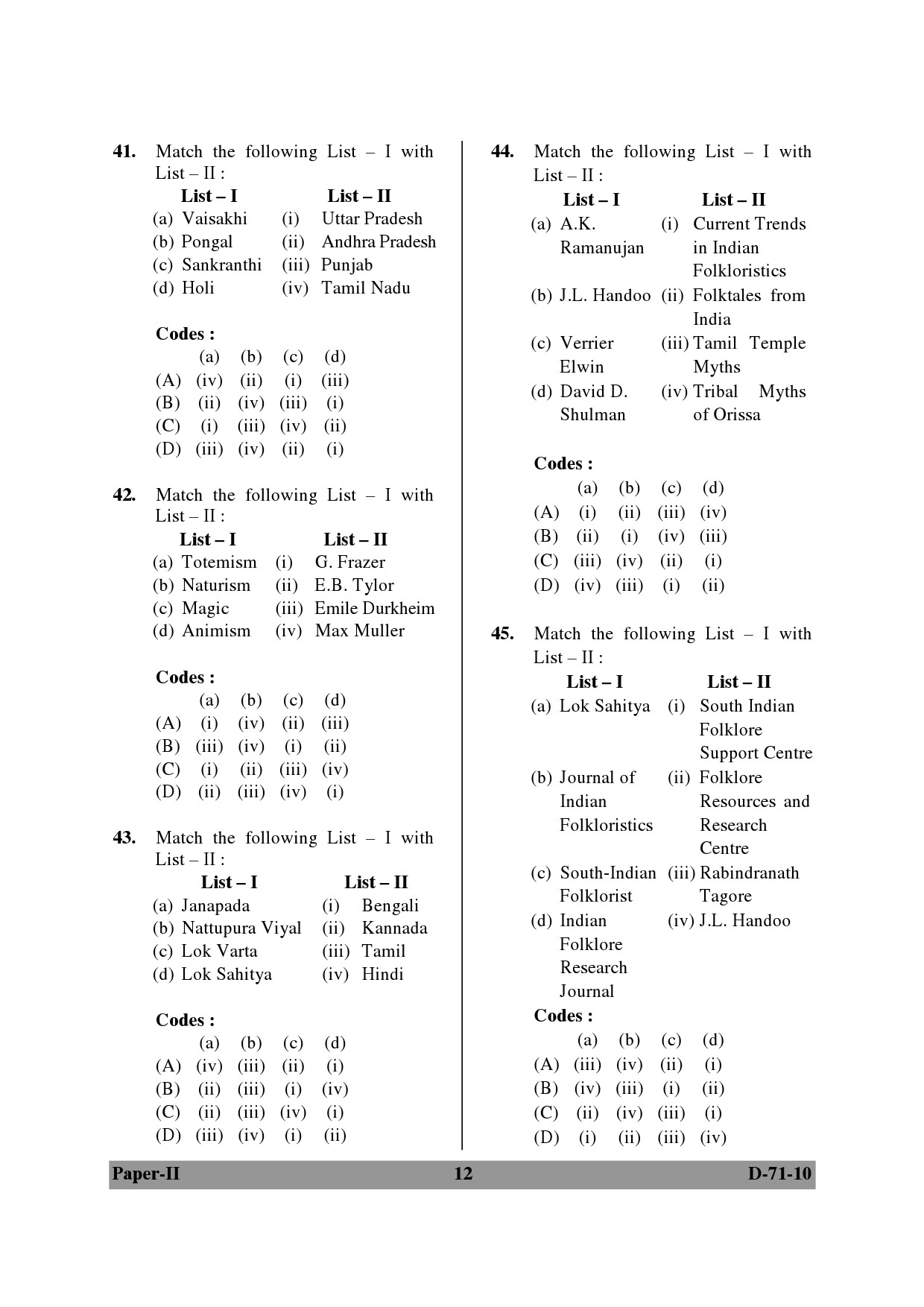 UGC NET Folk Literature Question Paper II December 2010 12