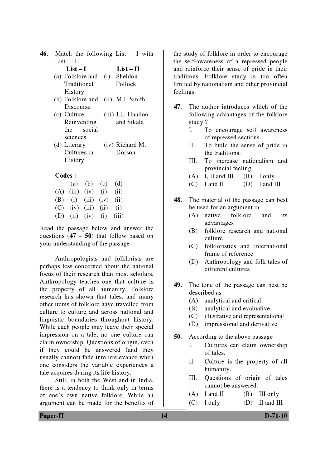 UGC NET Folk Literature Question Paper II December 2010 14