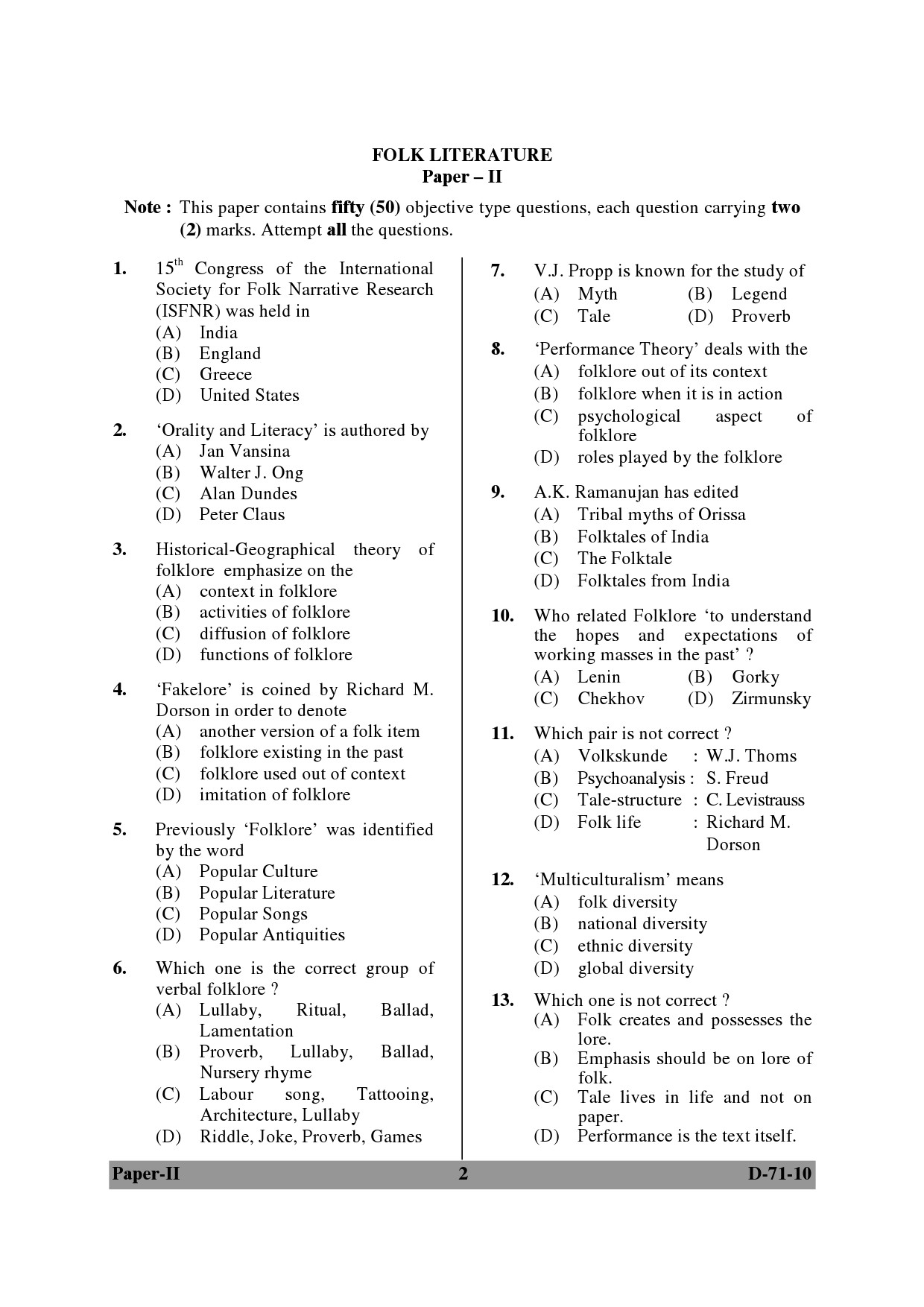 UGC NET Folk Literature Question Paper II December 2010 2