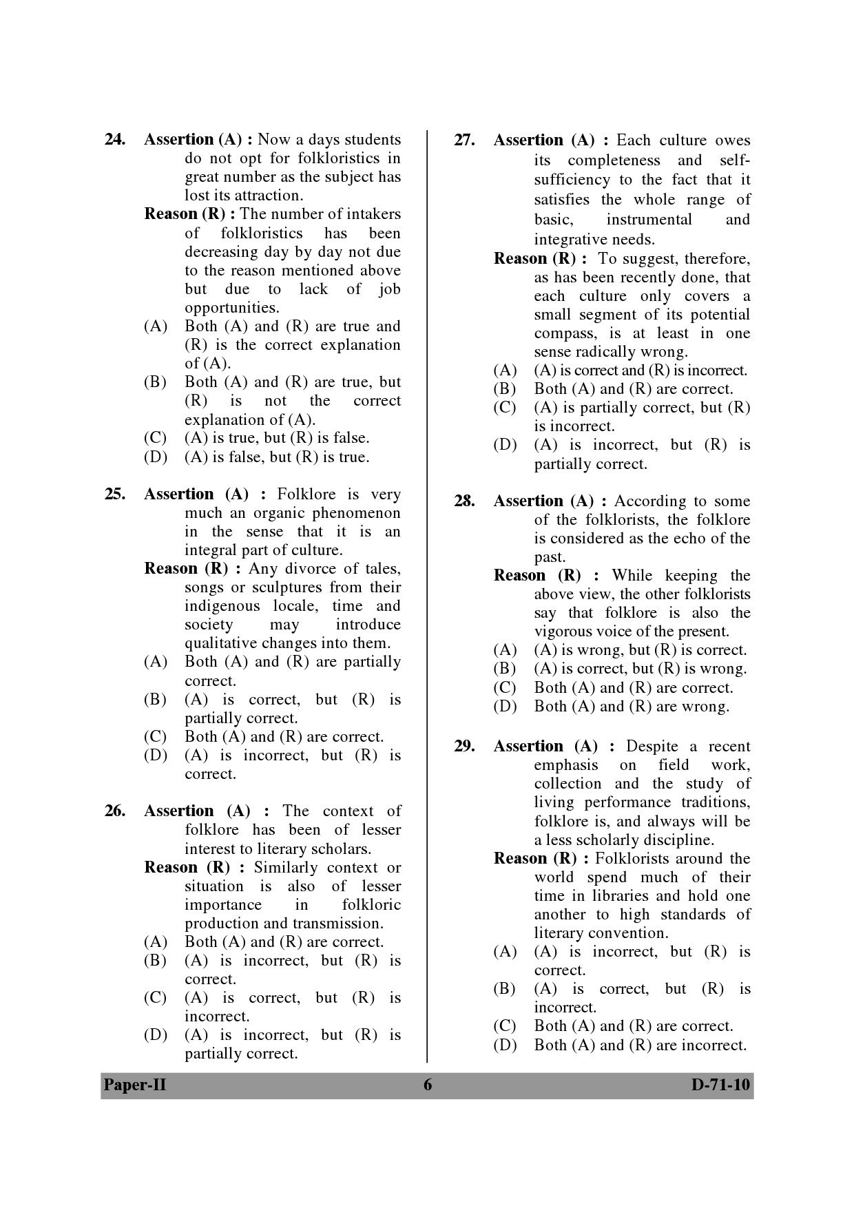 UGC NET Folk Literature Question Paper II December 2010 6