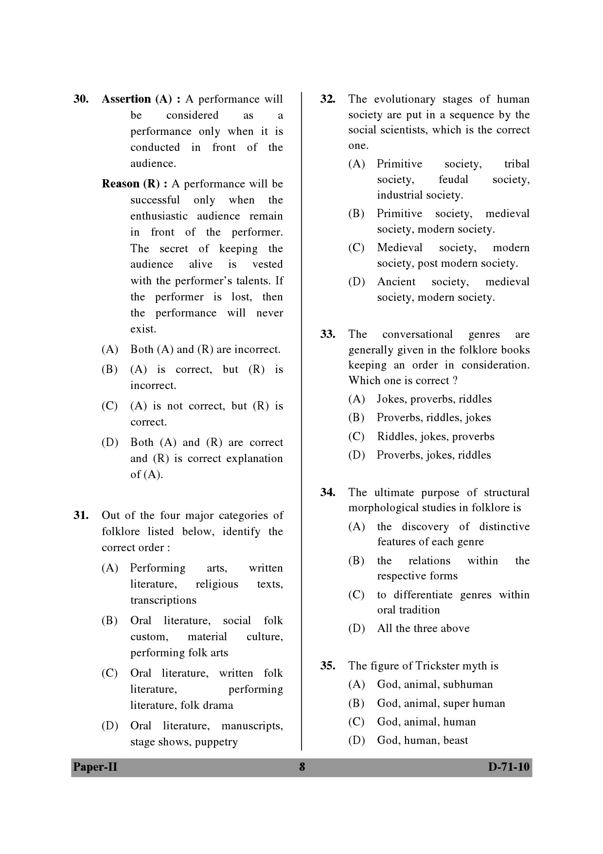 UGC NET Folk Literature Question Paper II December 2010 8