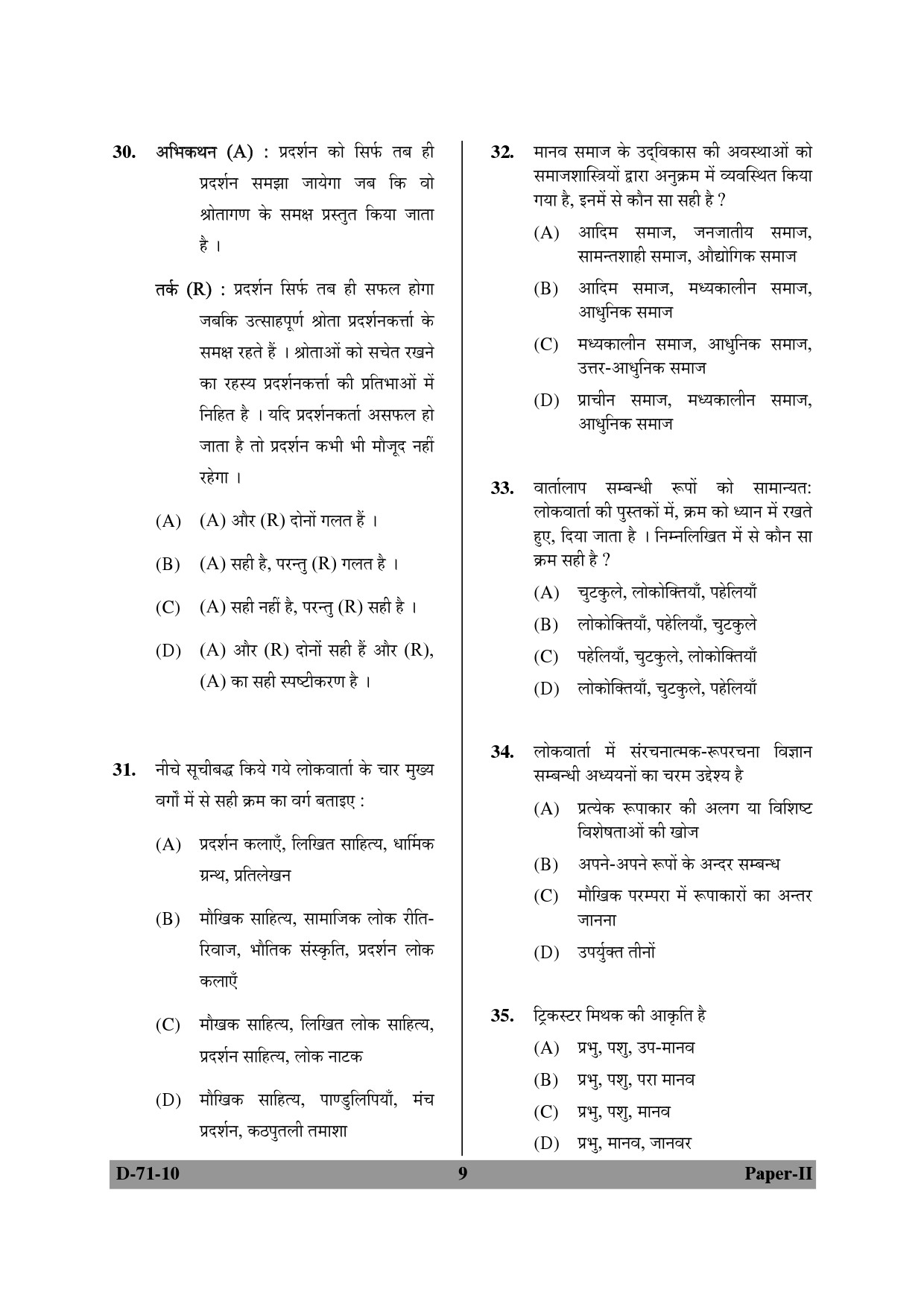 UGC NET Folk Literature Question Paper II December 2010 9