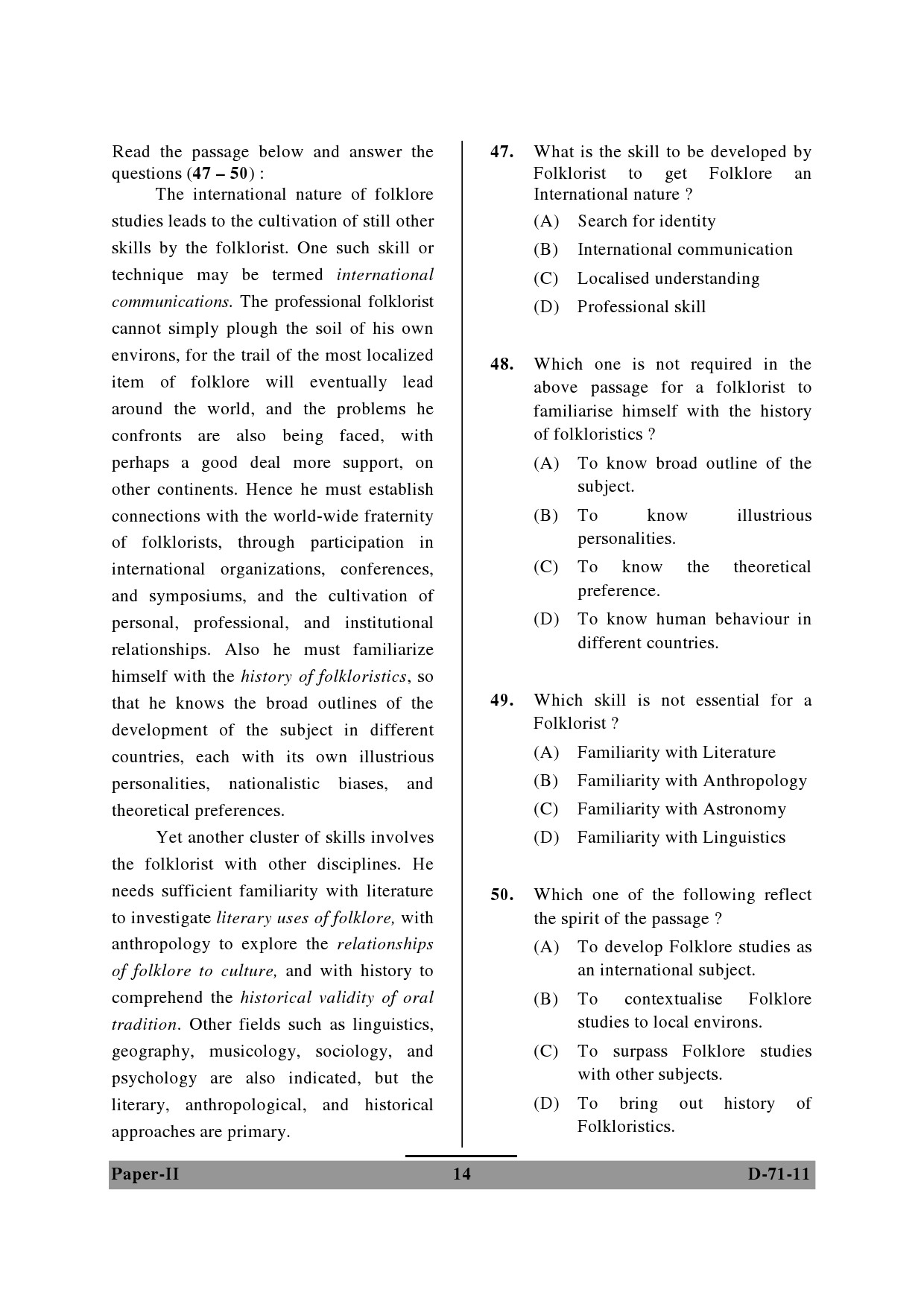 UGC NET Folk Literature Question Paper II December 2011 14