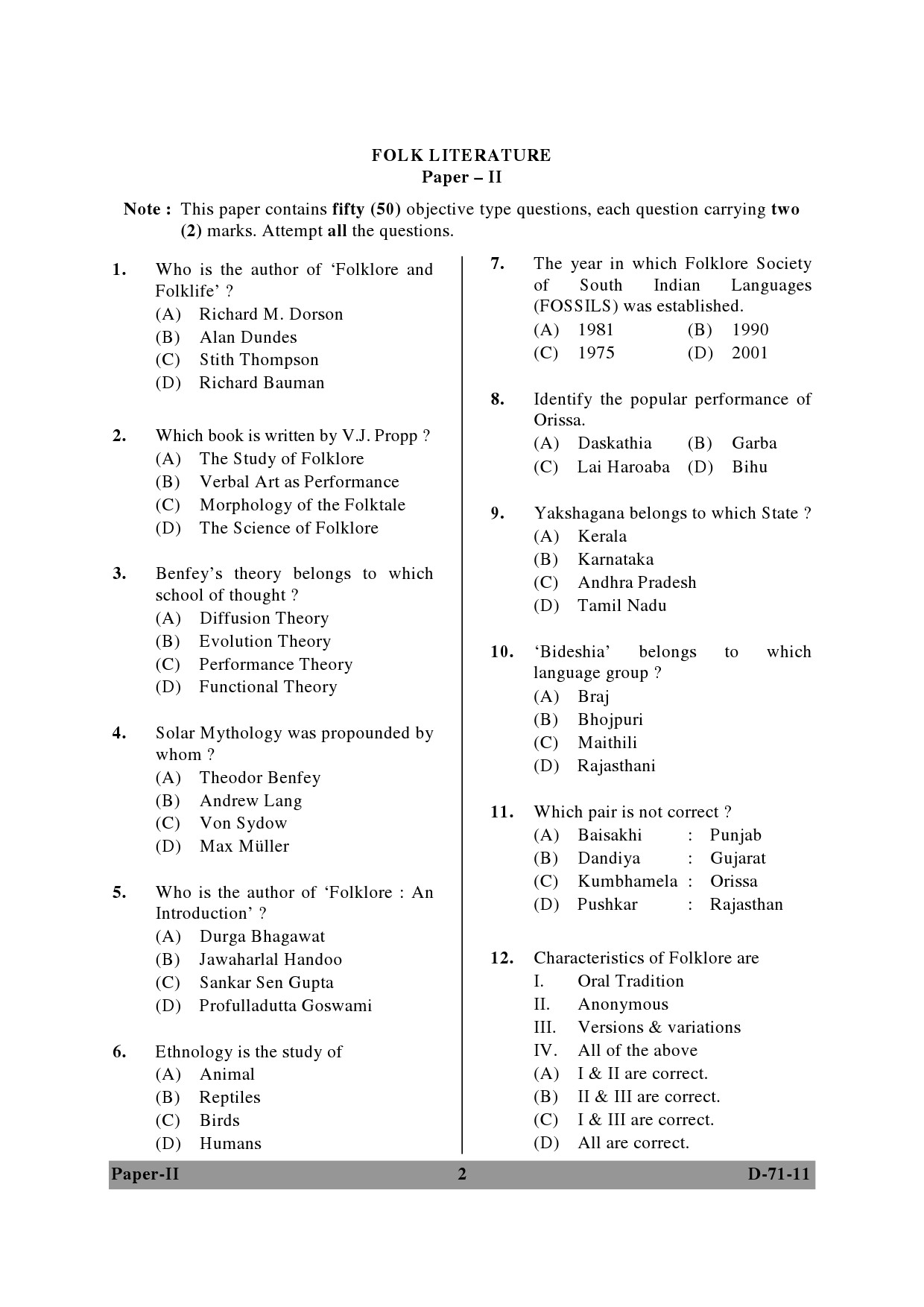 UGC NET Folk Literature Question Paper II December 2011 2