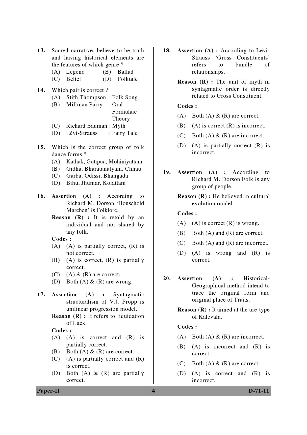 UGC NET Folk Literature Question Paper II December 2011 4