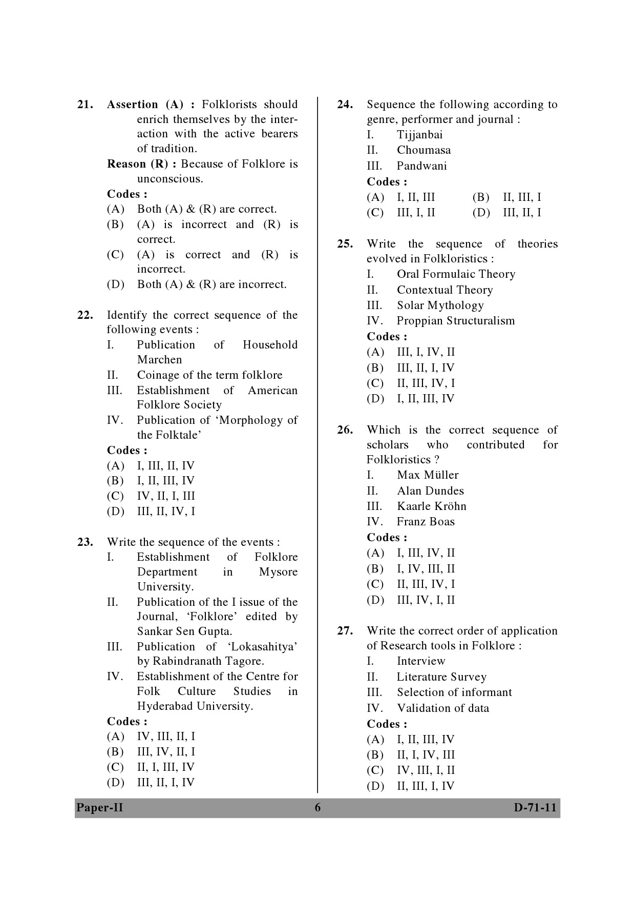 UGC NET Folk Literature Question Paper II December 2011 6