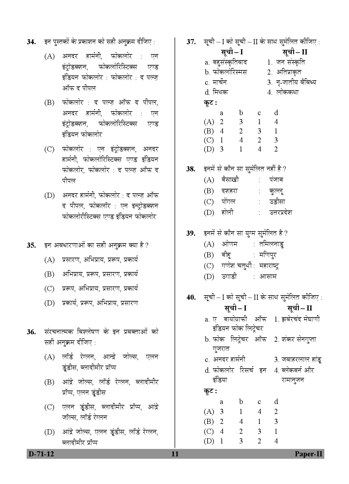 UGC NET Folk Literature Question Paper II December 2012 11