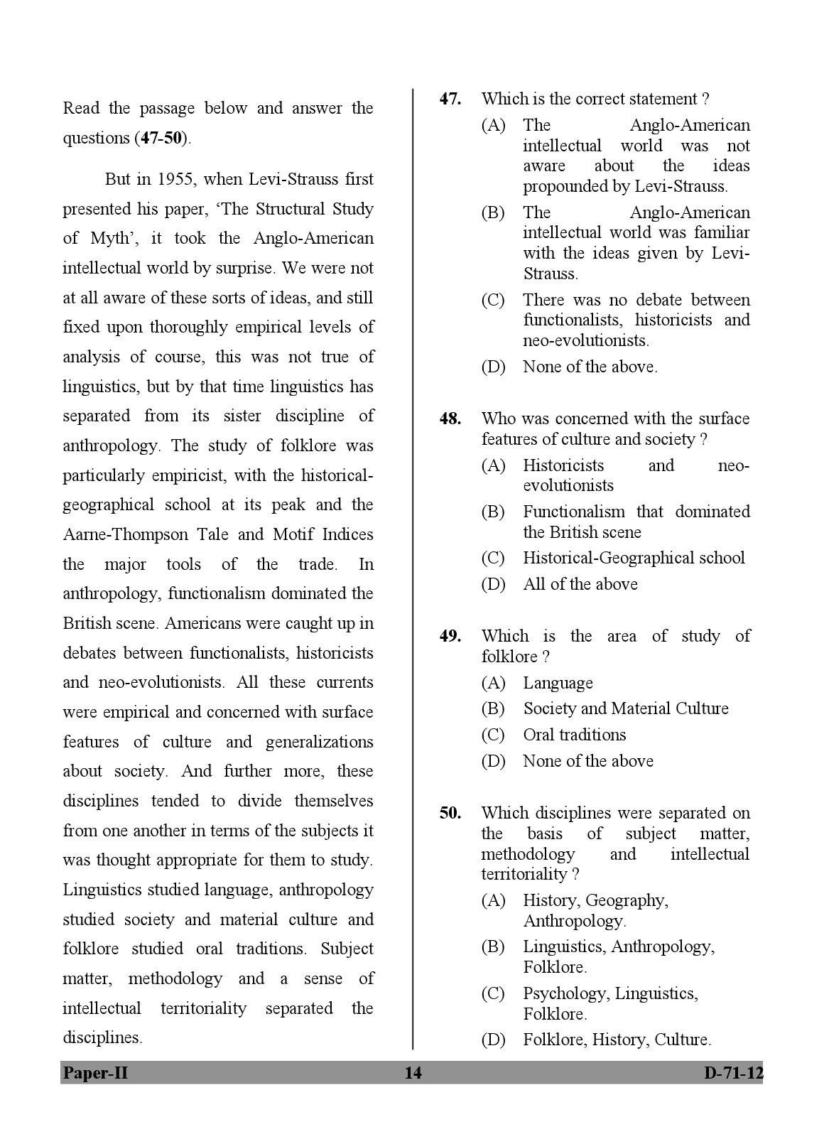 UGC NET Folk Literature Question Paper II December 2012 14