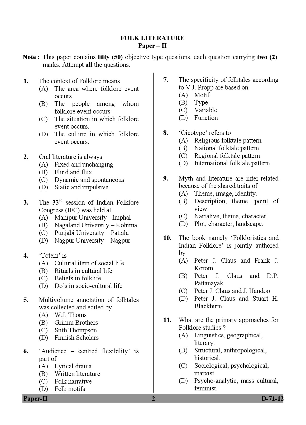 UGC NET Folk Literature Question Paper II December 2012 2