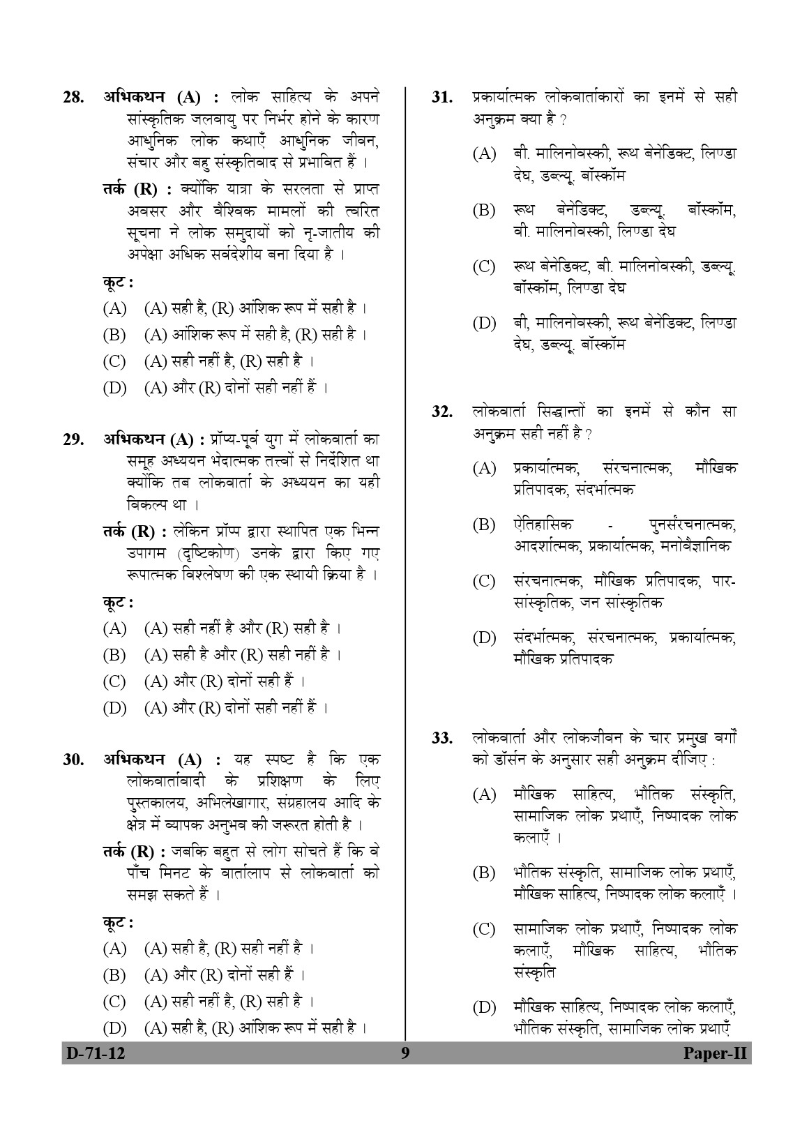 UGC NET Folk Literature Question Paper II December 2012 9