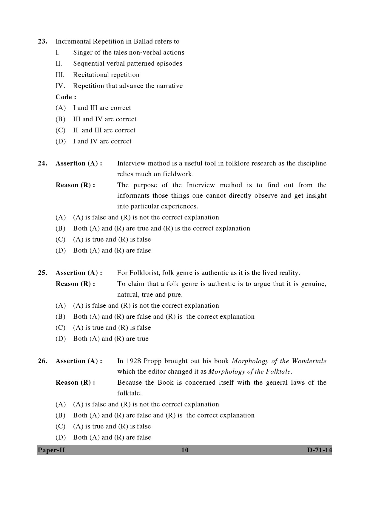 UGC NET Folk Literature Question Paper II December 2014 10