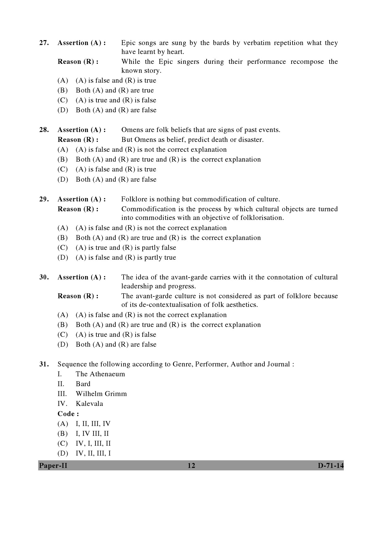 UGC NET Folk Literature Question Paper II December 2014 12