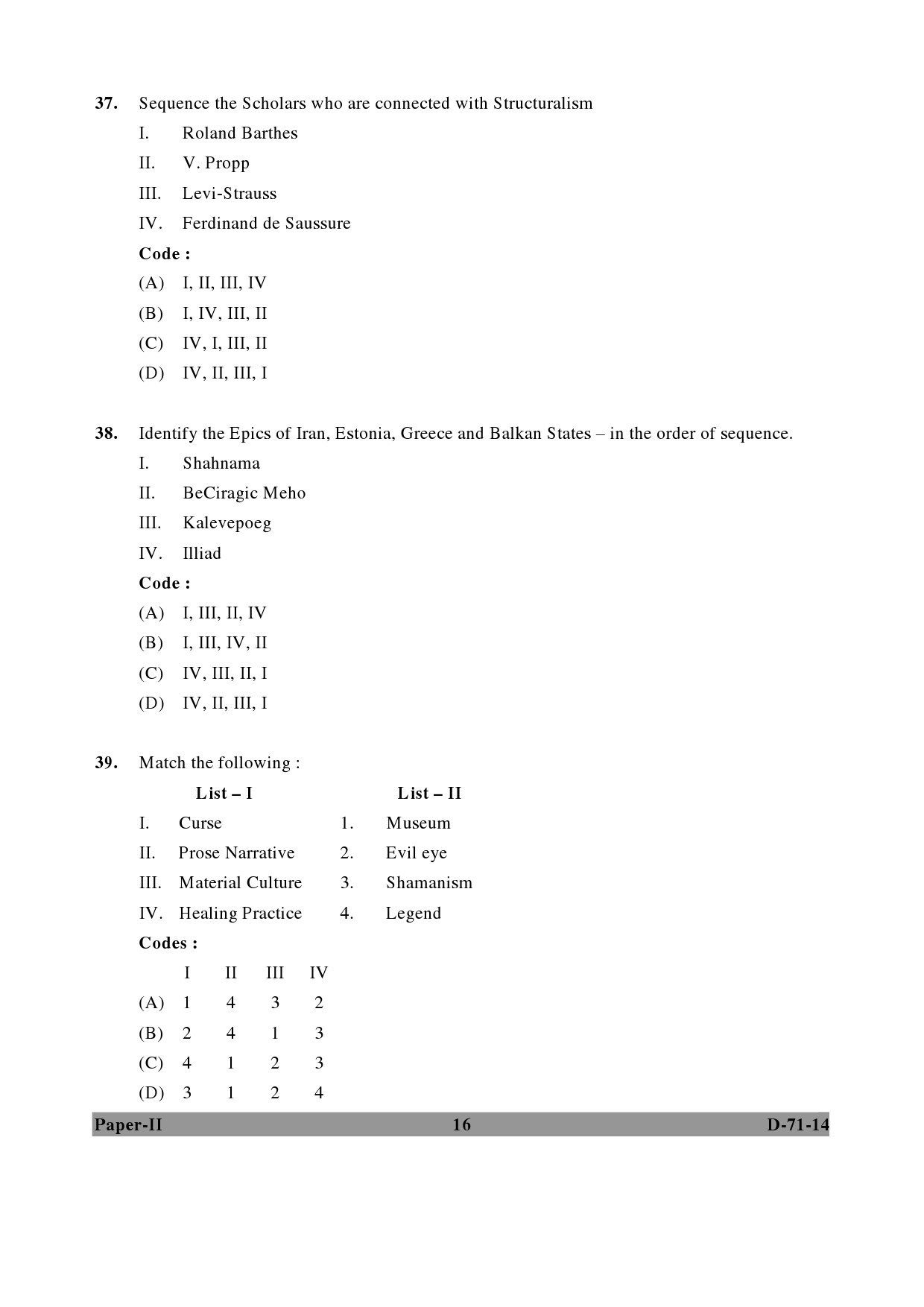 UGC NET Folk Literature Question Paper II December 2014 16