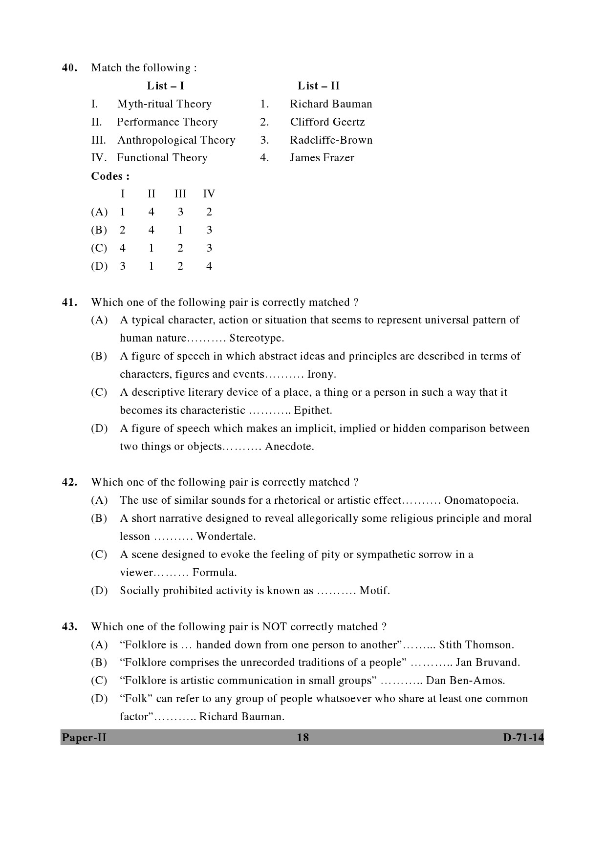 UGC NET Folk Literature Question Paper II December 2014 18