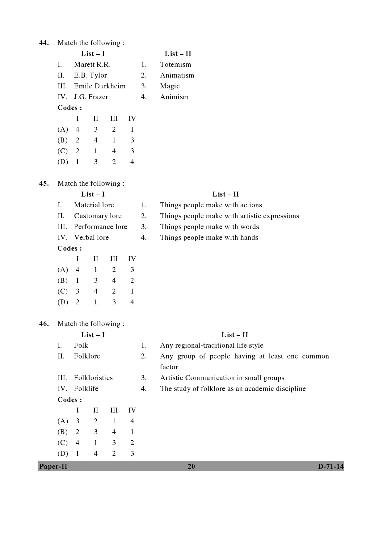 UGC NET Folk Literature Question Paper II December 2014 20