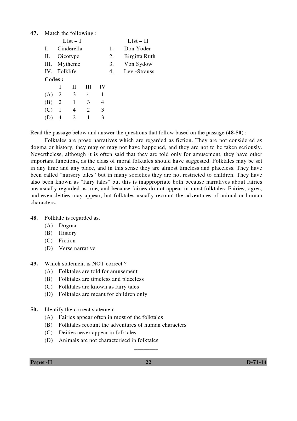 UGC NET Folk Literature Question Paper II December 2014 22