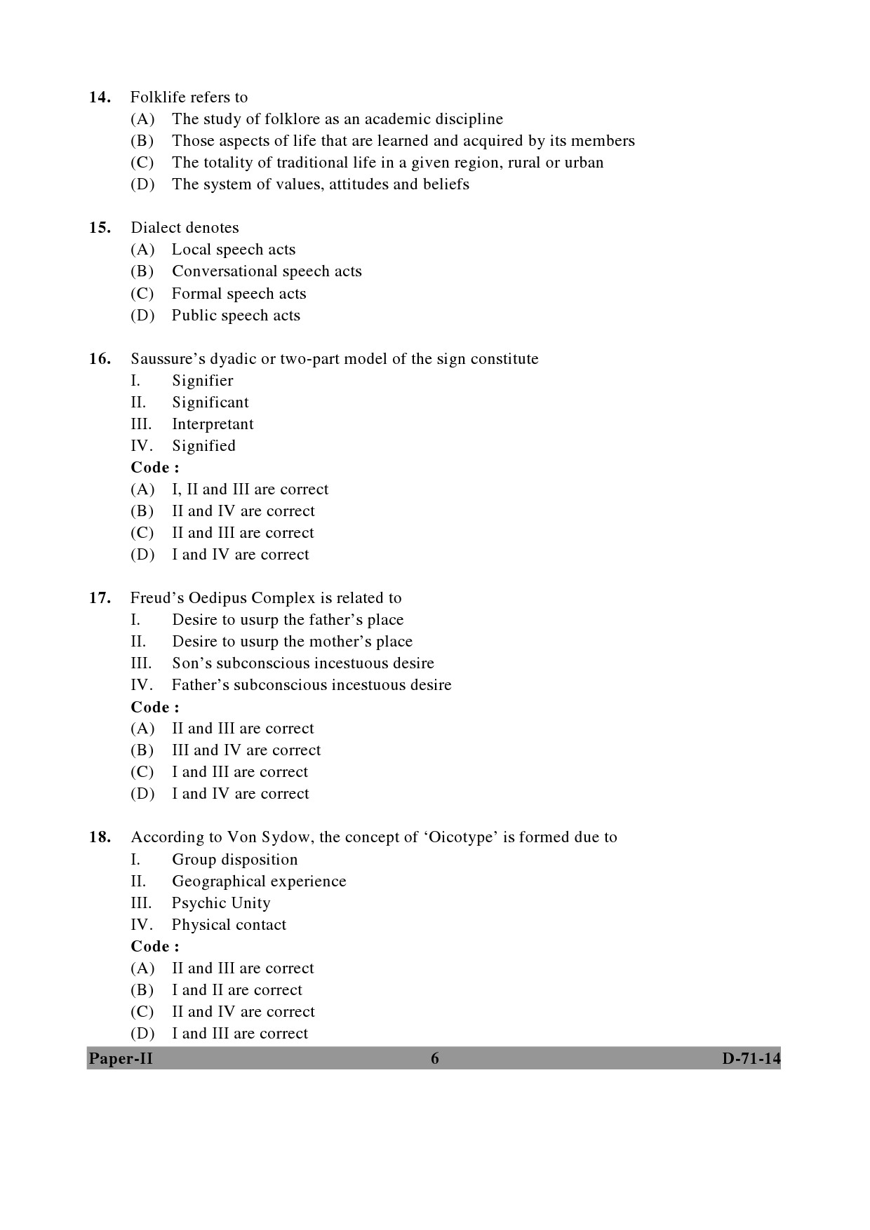 UGC NET Folk Literature Question Paper II December 2014 6