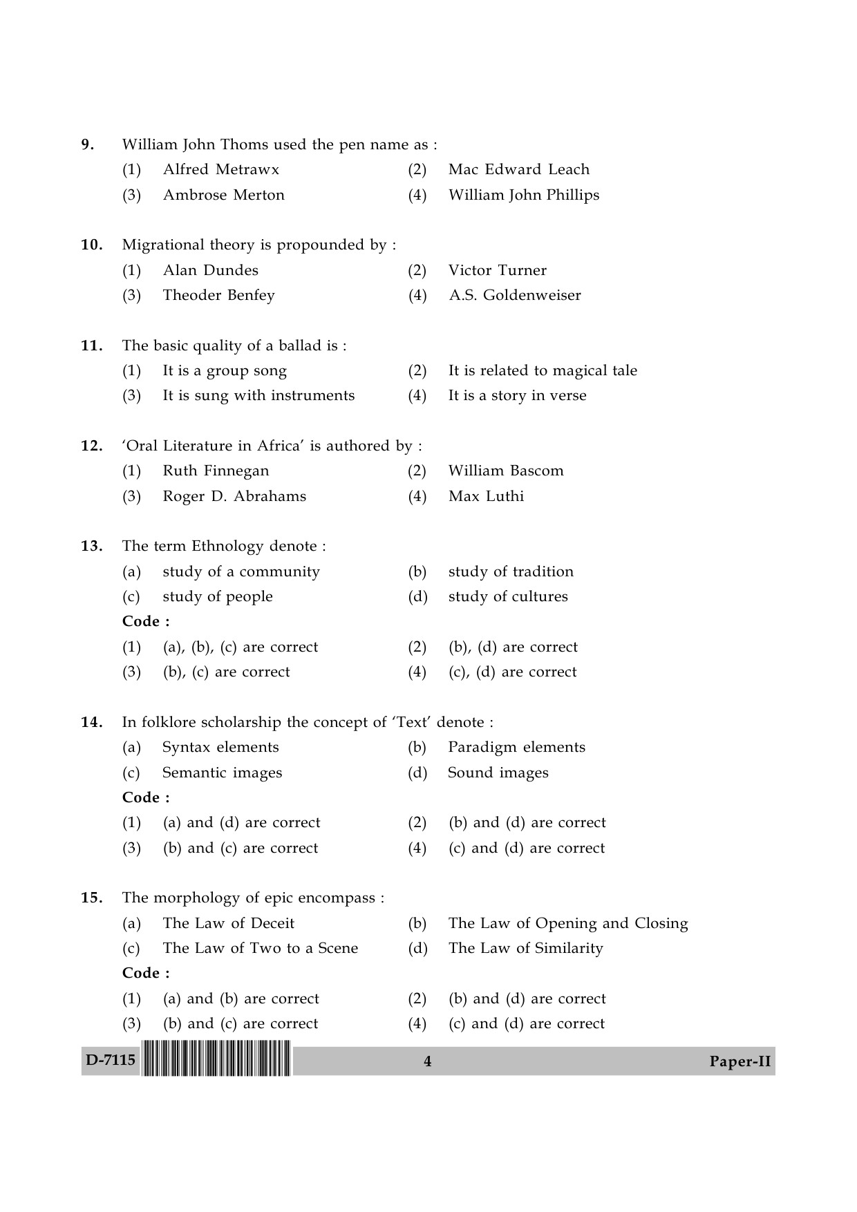 UGC NET Folk Literature Question Paper II December 2015 4