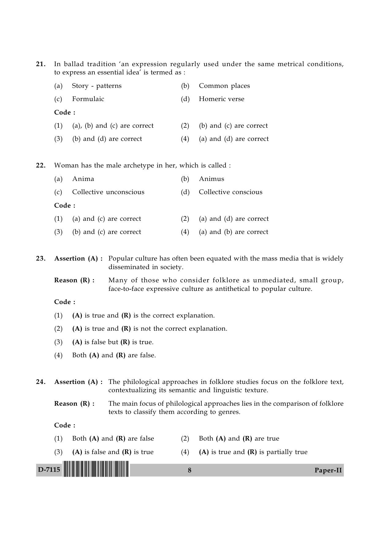 UGC NET Folk Literature Question Paper II December 2015 8