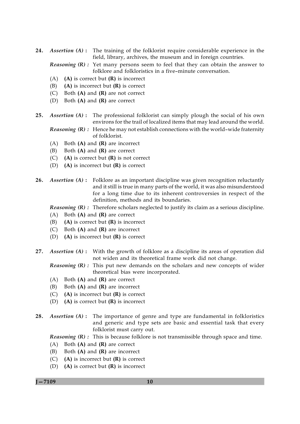 UGC NET Folk Literature Question Paper II June 2009 10