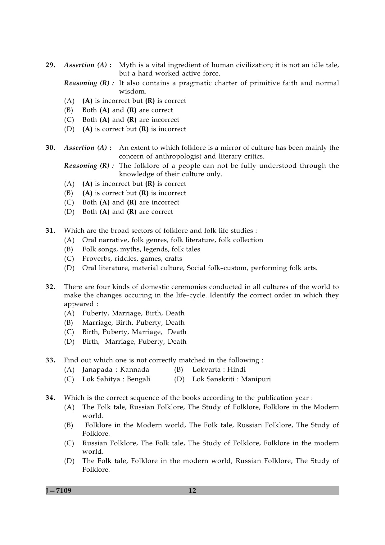 UGC NET Folk Literature Question Paper II June 2009 12