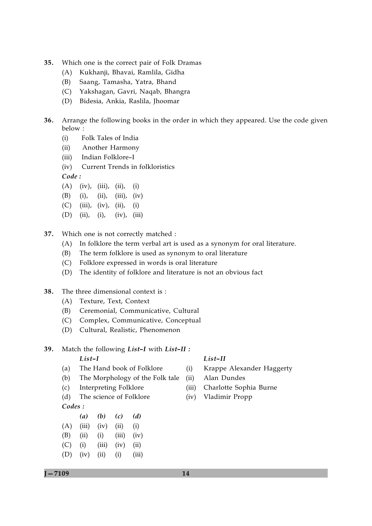 UGC NET Folk Literature Question Paper II June 2009 14