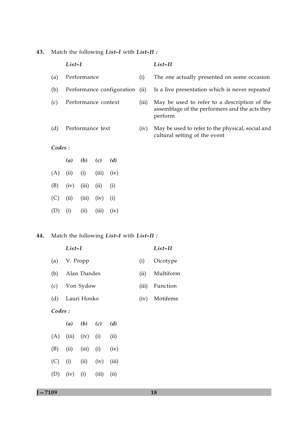 UGC NET Folk Literature Question Paper II June 2009 18