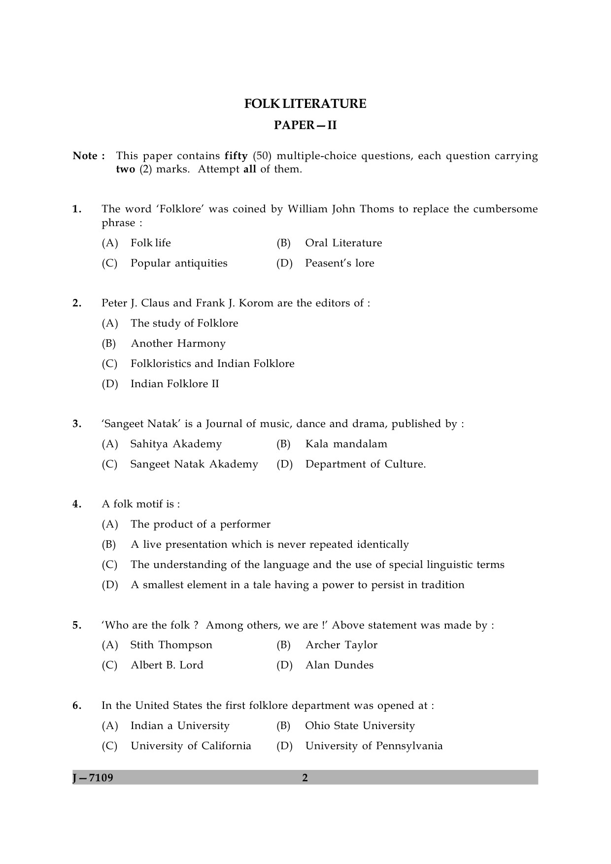 UGC NET Folk Literature Question Paper II June 2009 2