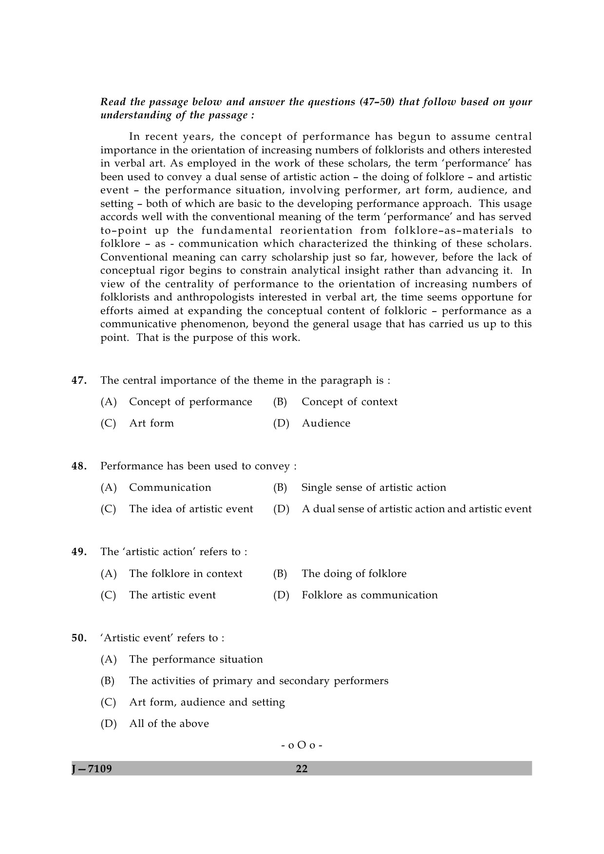 UGC NET Folk Literature Question Paper II June 2009 22