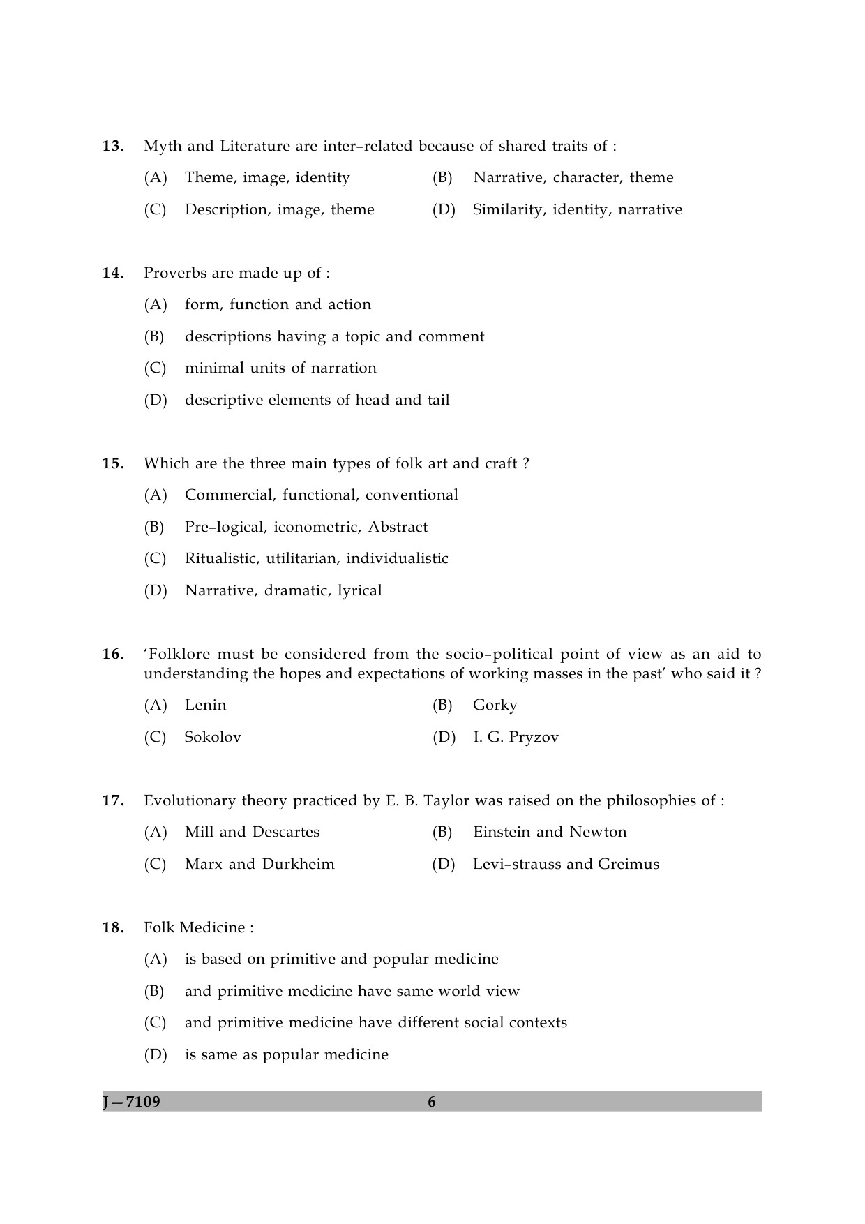 UGC NET Folk Literature Question Paper II June 2009 6