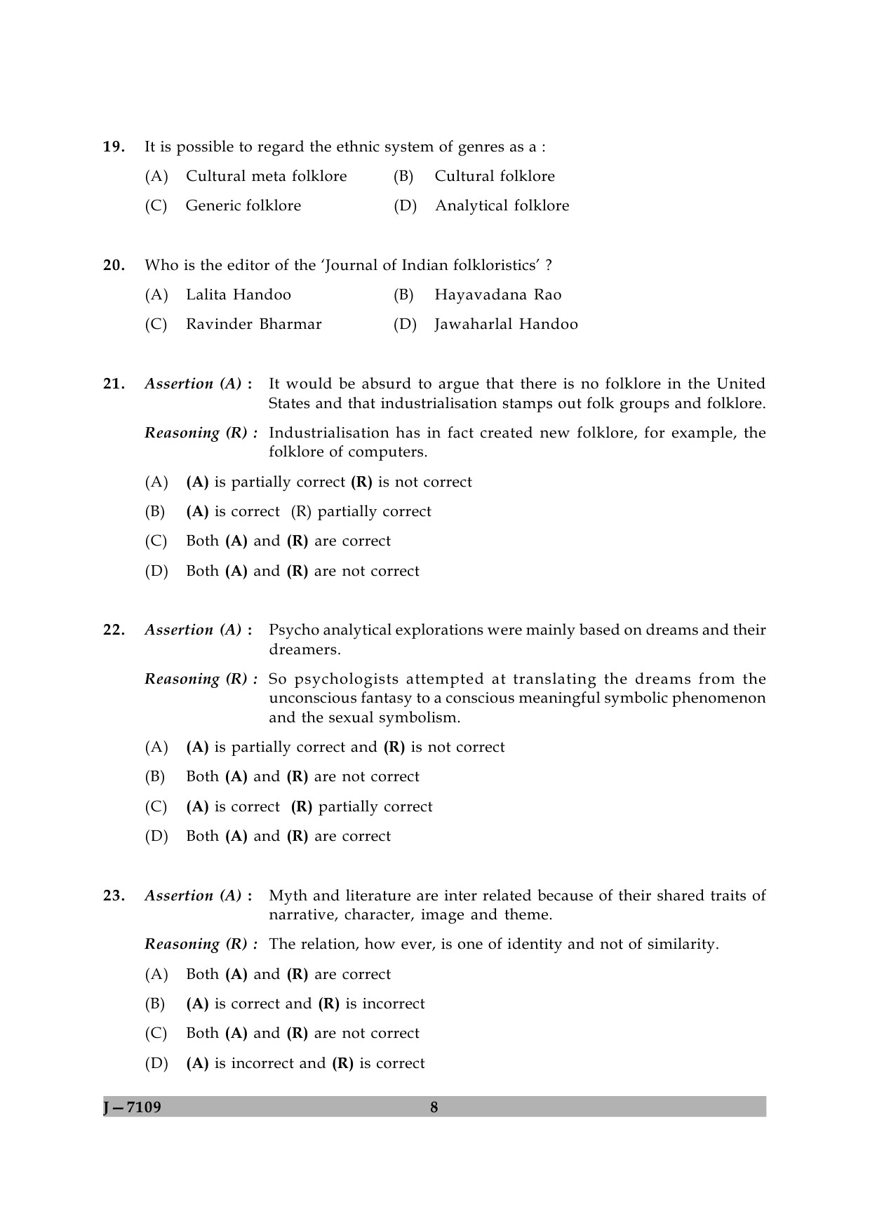 UGC NET Folk Literature Question Paper II June 2009 8