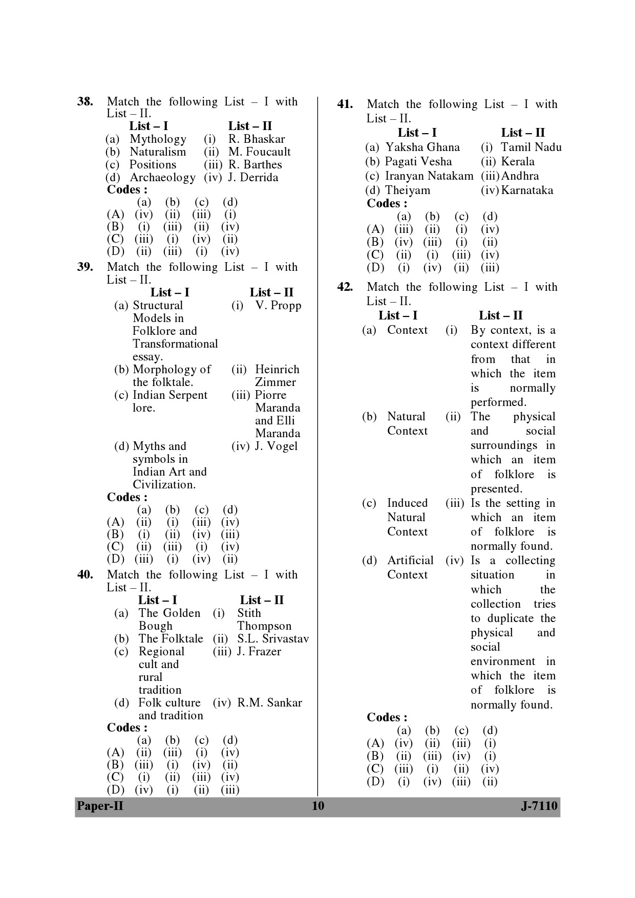 UGC NET Folk Literature Question Paper II June 2010 10