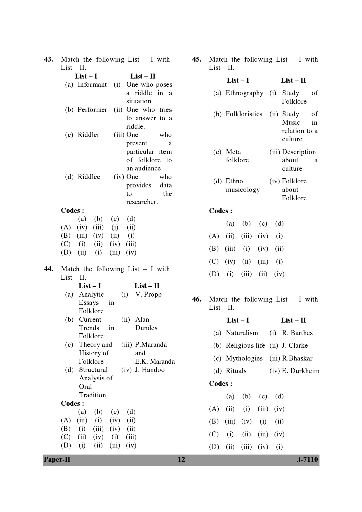 UGC NET Folk Literature Question Paper II June 2010 12