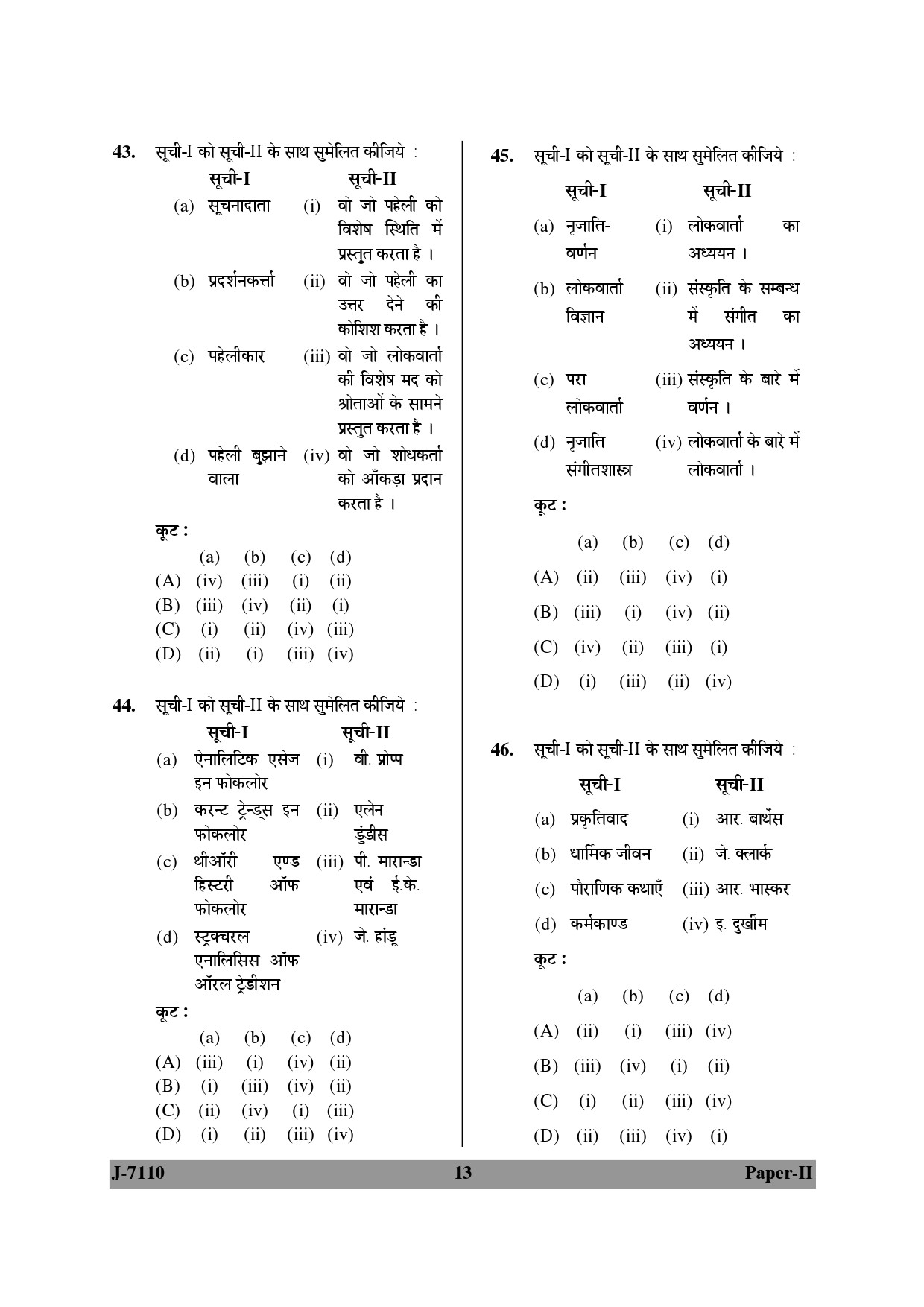 UGC NET Folk Literature Question Paper II June 2010 13