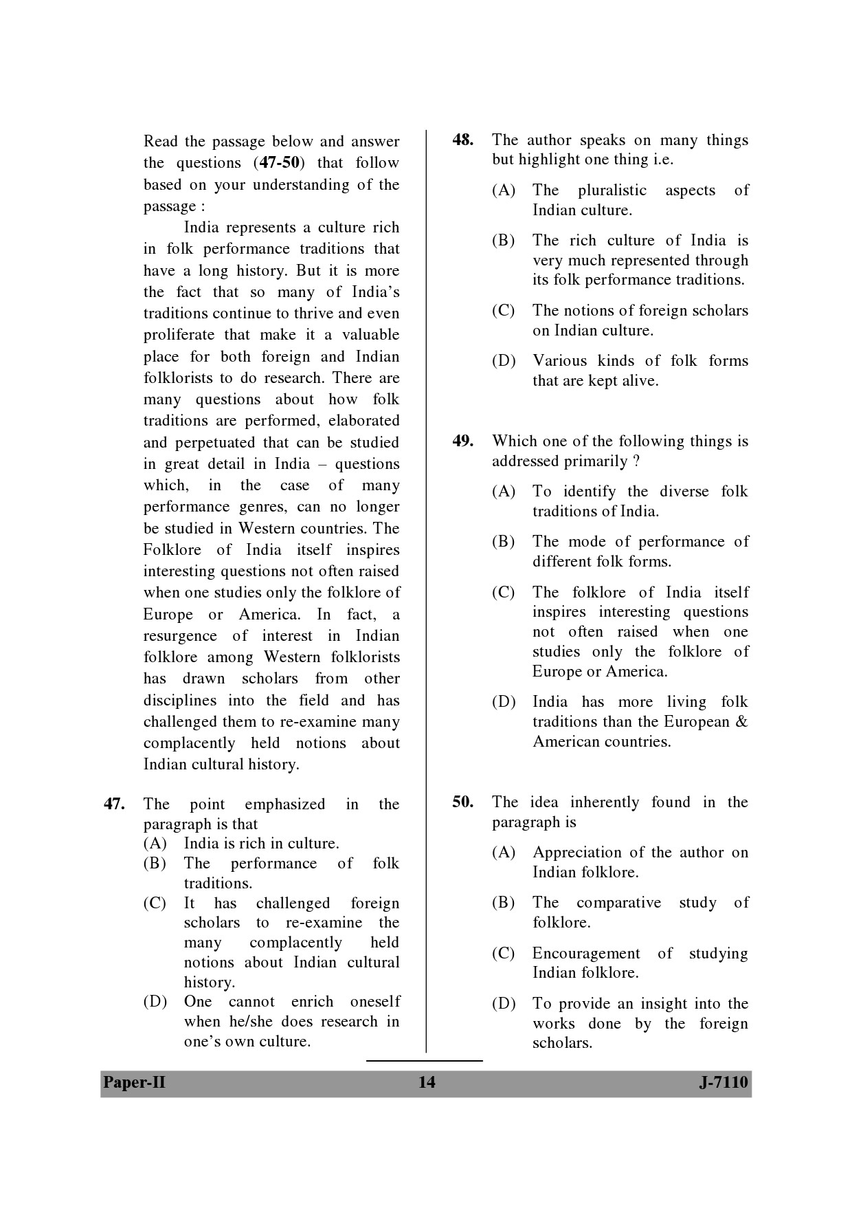 UGC NET Folk Literature Question Paper II June 2010 14