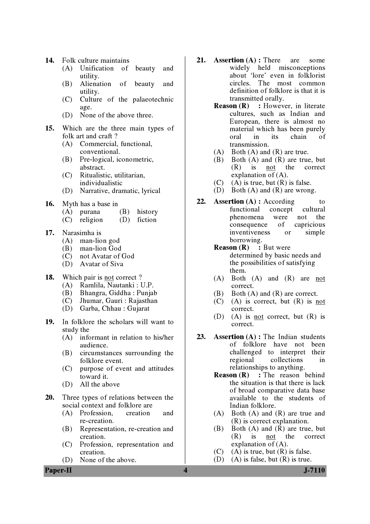 UGC NET Folk Literature Question Paper II June 2010 4