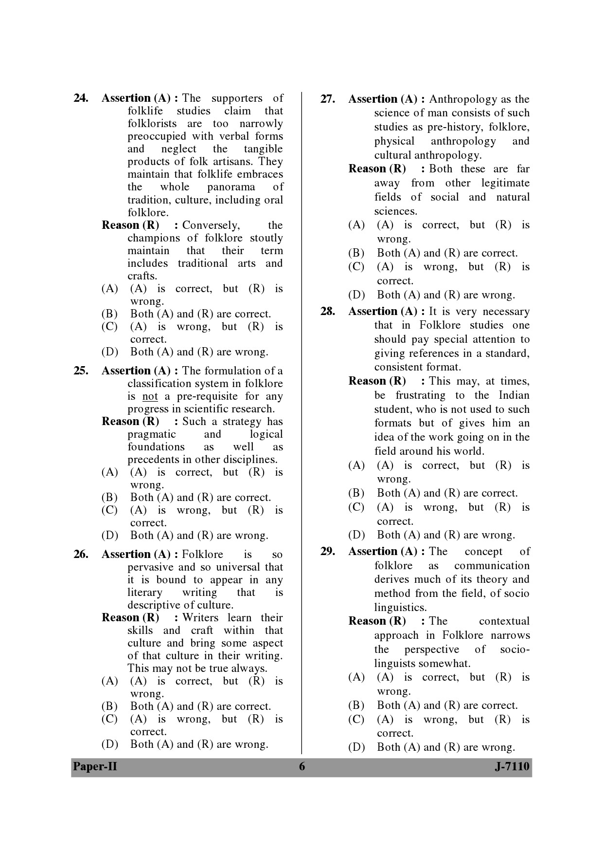 UGC NET Folk Literature Question Paper II June 2010 6