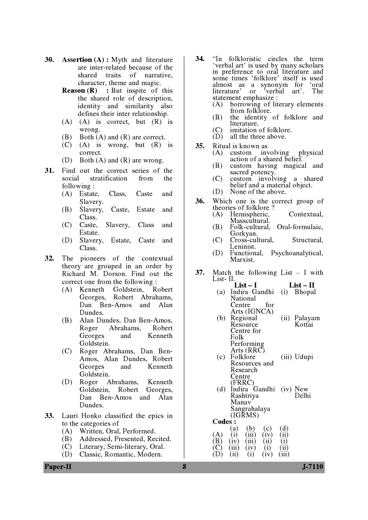 UGC NET Folk Literature Question Paper II June 2010 8