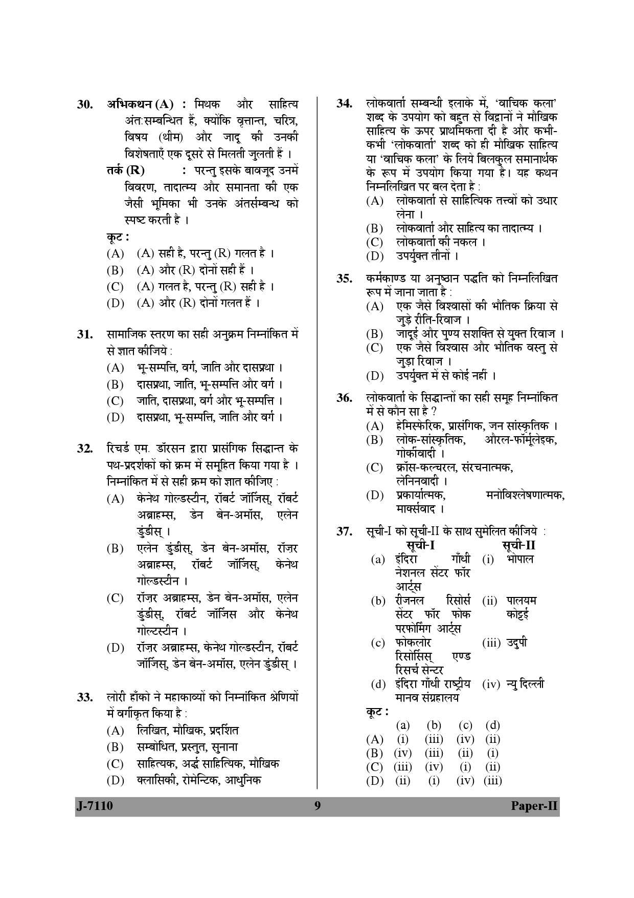 UGC NET Folk Literature Question Paper II June 2010 9