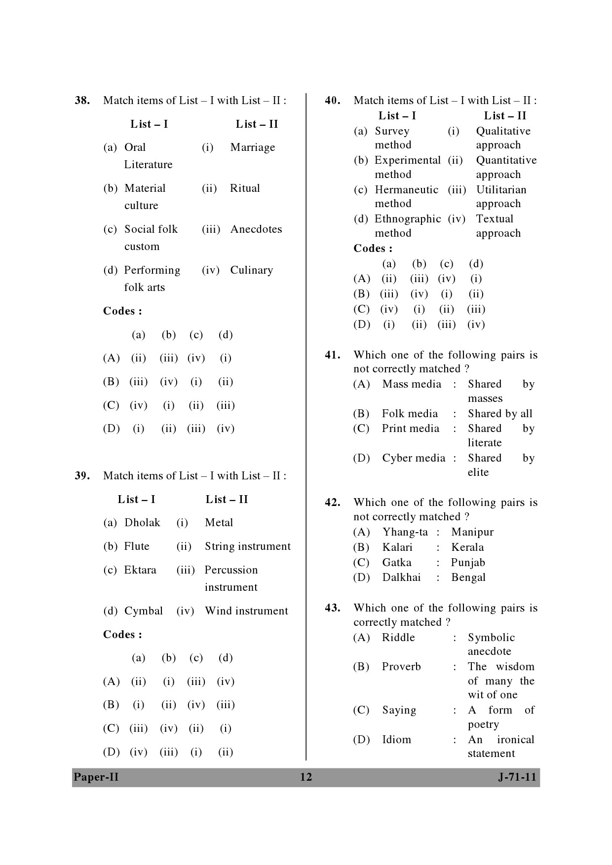 UGC NET Folk Literature Question Paper II June 2011 12