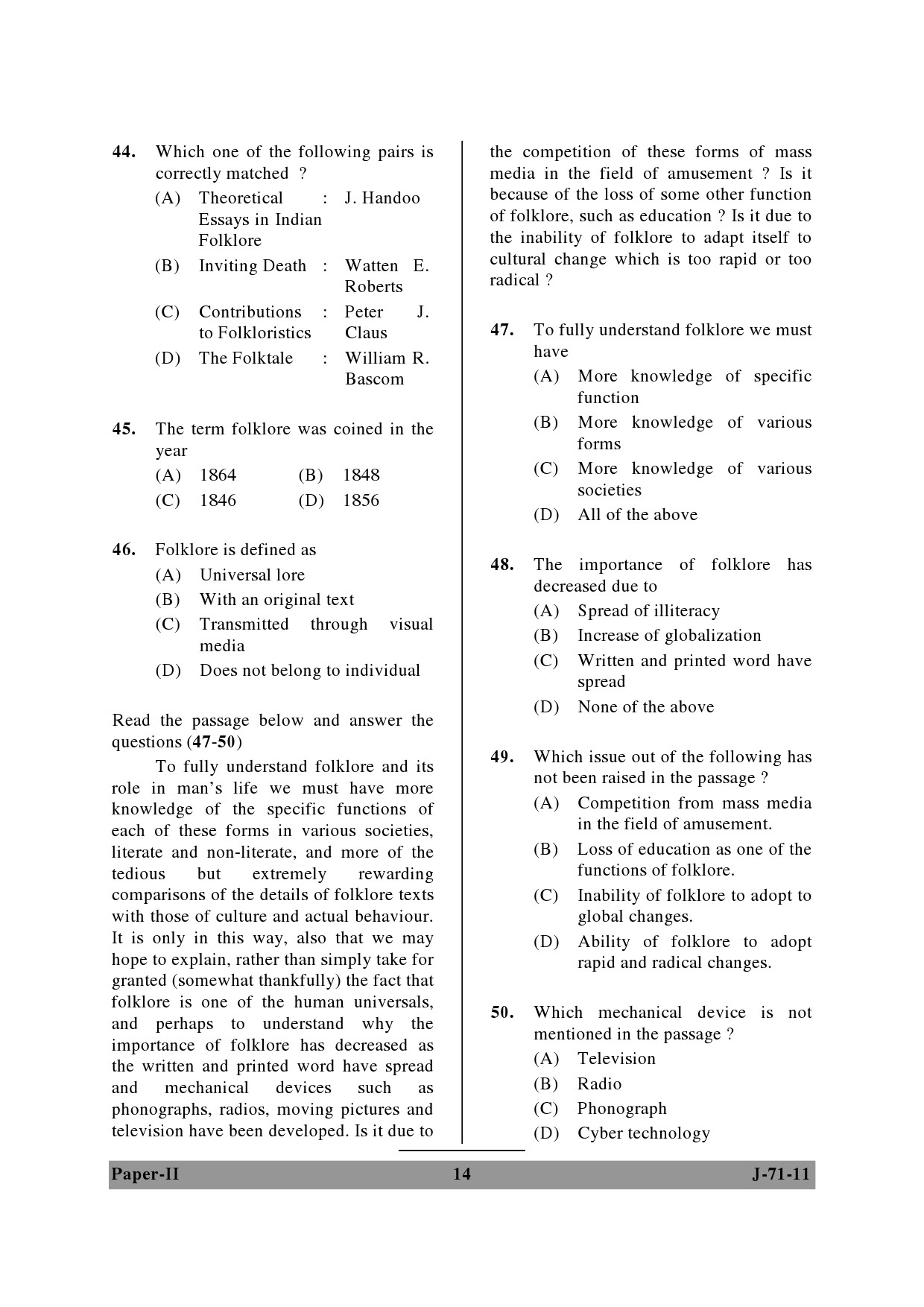 UGC NET Folk Literature Question Paper II June 2011 14