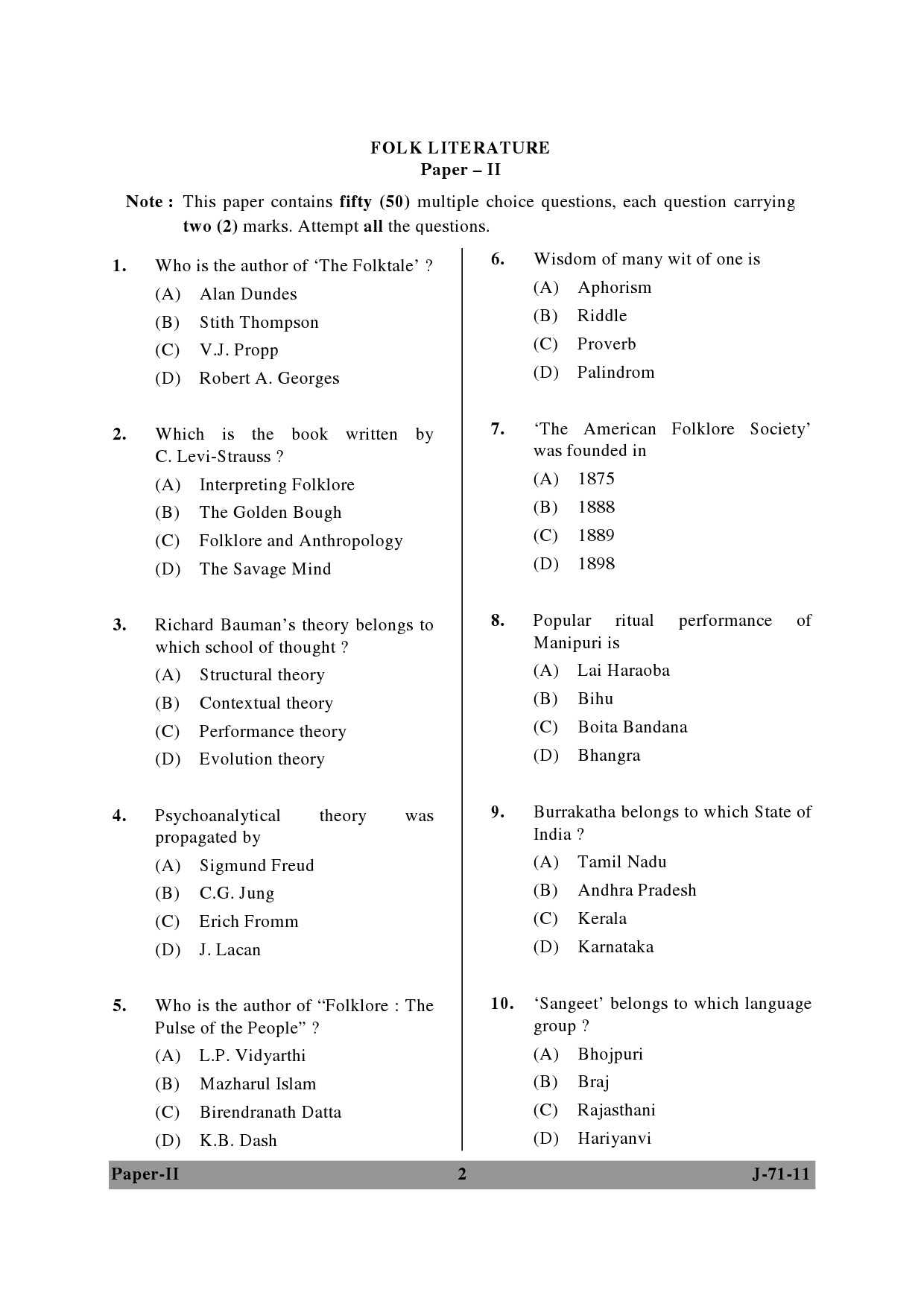 UGC NET Folk Literature Question Paper II June 2011 2