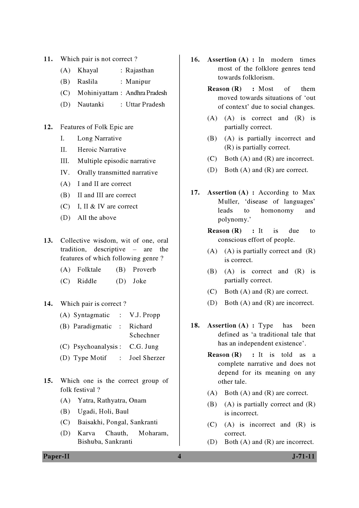 UGC NET Folk Literature Question Paper II June 2011 4