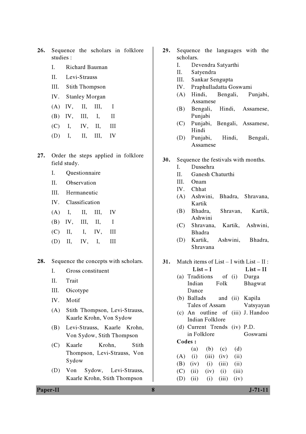 UGC NET Folk Literature Question Paper II June 2011 8